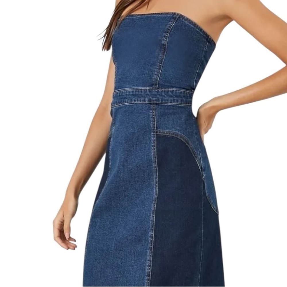 DENIM Blue Strapless Midi Dress Two Tone Stretchy Sz XL Country Concert Cowgirl - Picture 2 of 2